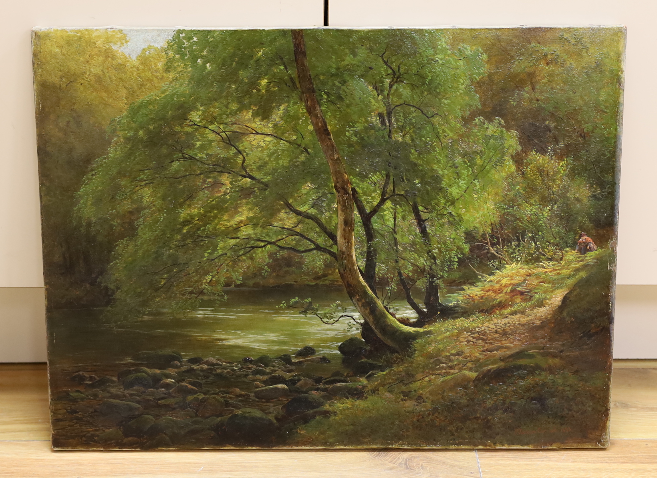 James Jackson Curnock (1839-1892), oil on canvas, Woodland stream, signed and dated 1883, 61 x 43cm, unframed